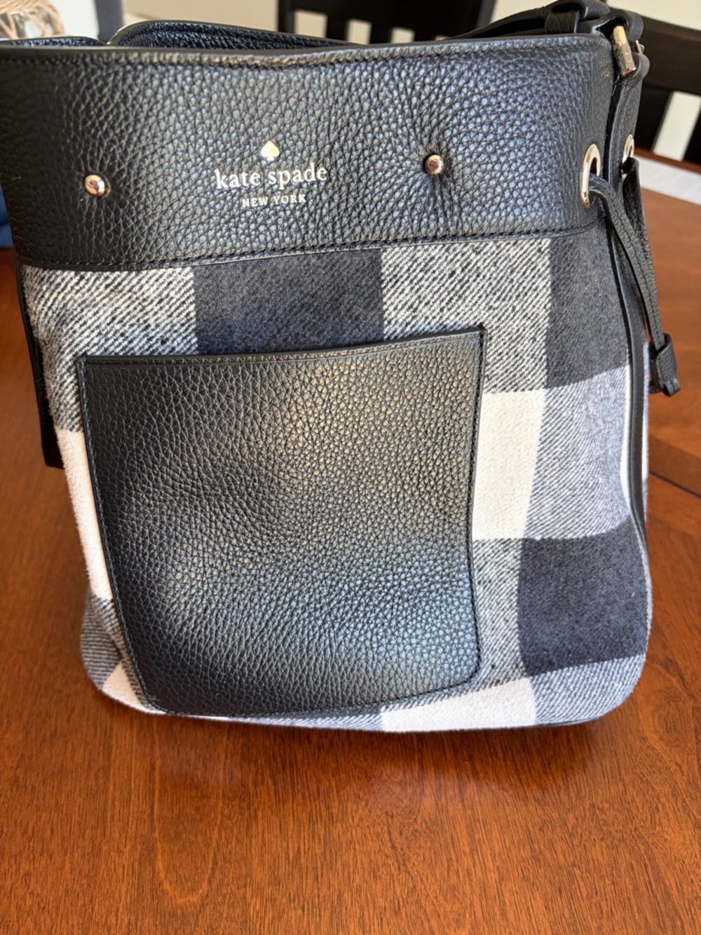 kate spade Black & Cream Plaid Bucket Bag with Front Pocket
